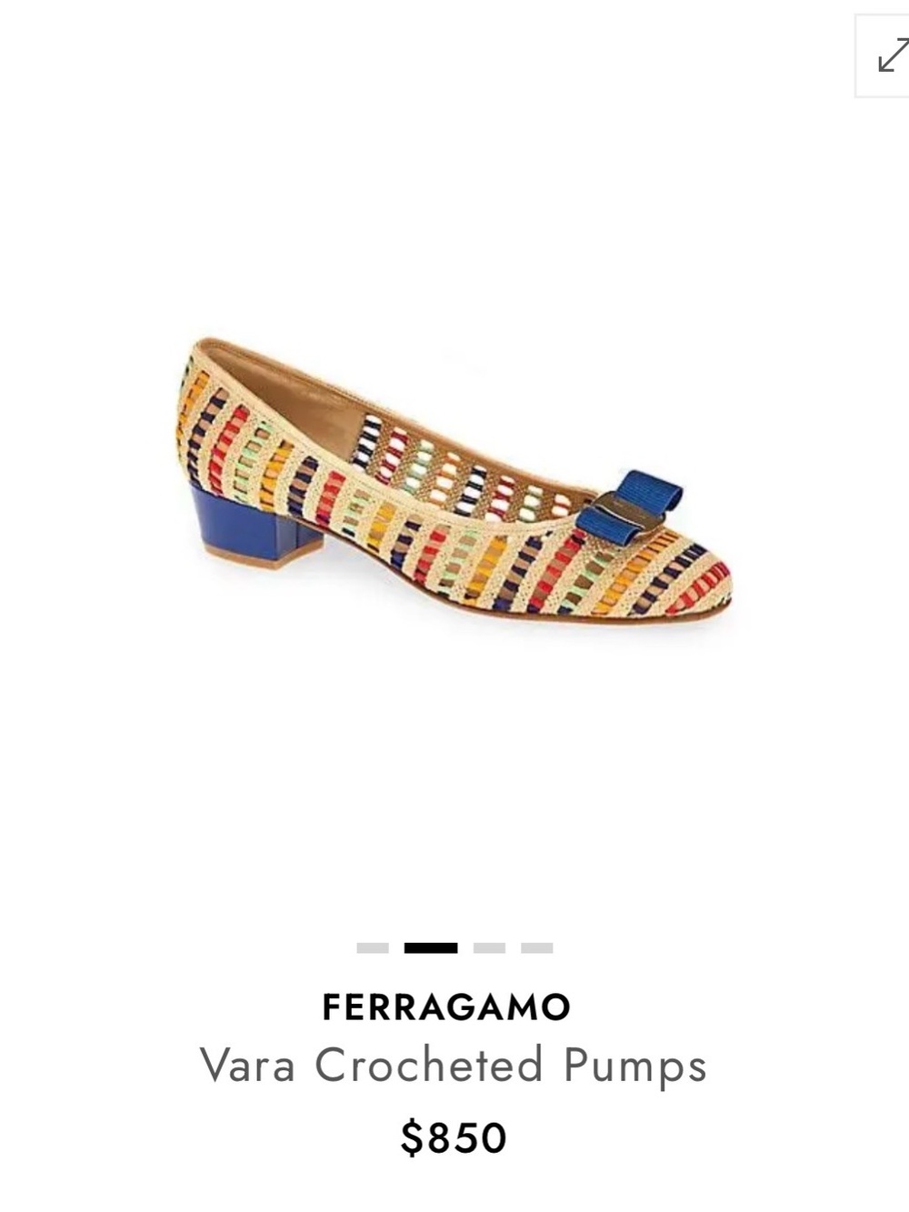 NWT Salvatore Ferragamo Vara Crocheted Multicolor Pumps with Blue Bow